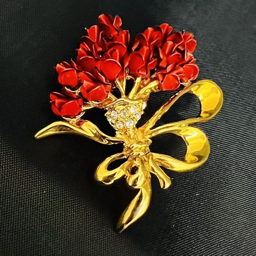 Vintage Brooch Red Enamel Satin Roses Bouquet Sparling Rhinestones Gold 1447